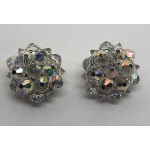Vintage‎ 1950s Laguna Earrings Aurora Borealis Crystal Bead Clip On Silver Tone